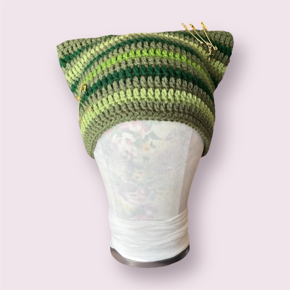 Green Striped Crochet Cat Ear Beanie